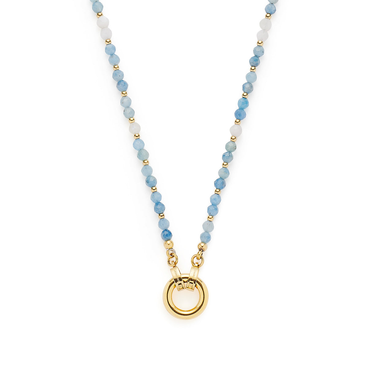 Halskette BISCA mit blauen Glasperlen, goldenen Zwischenelementen und goldenem Ringanhänger