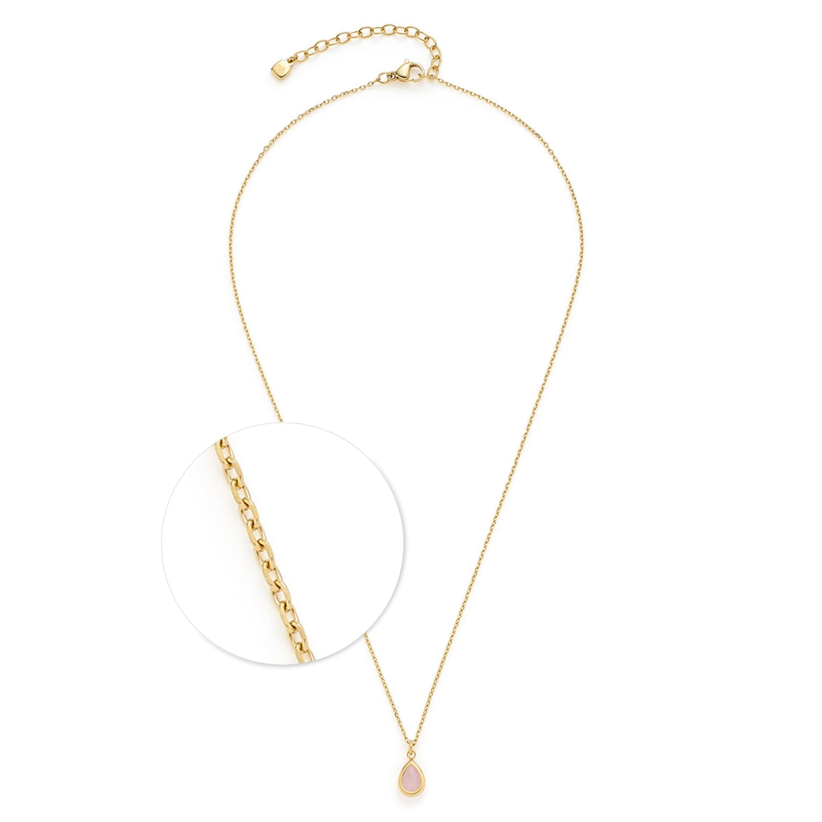 Halskette ROSY 42 cm gold CIAO mit rosa Glaspendel und Detailaufnahme der Kettenglieder