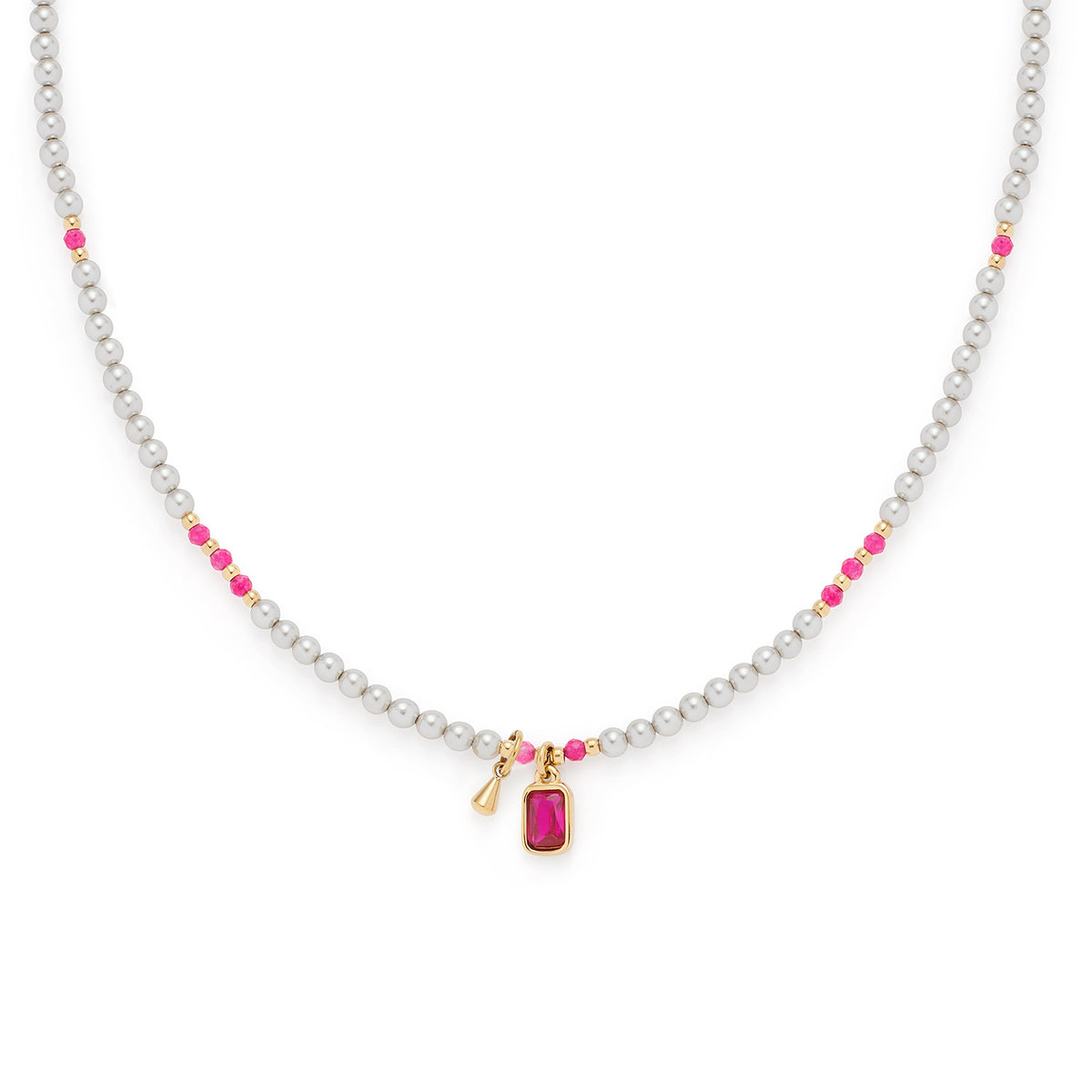 Halskette PINKY 42 cm gold CIAO mit silbernen und pinken Glasperlen, goldenem Verschluss und rosa Glasanhänger
