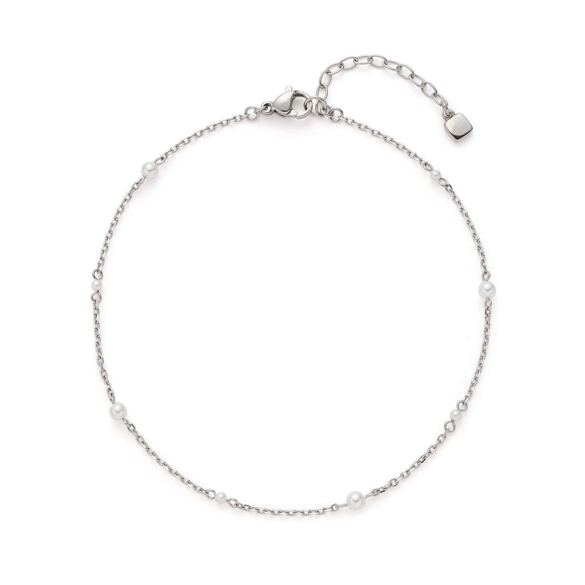 Fußkette NAVINA CIAO in Silber mit Glasperlenelementen auf weißem Hintergrund