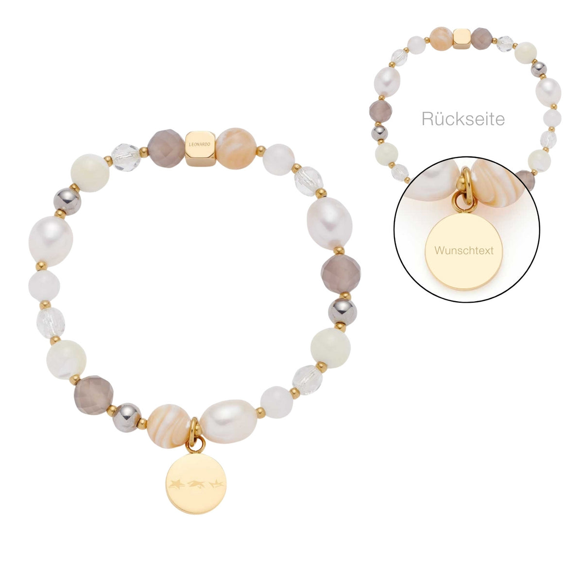 Armband HOPE bicolor mit Glasperlen, Metallakzenten und gravierter Plakette, Vorderansicht und Rückseite
