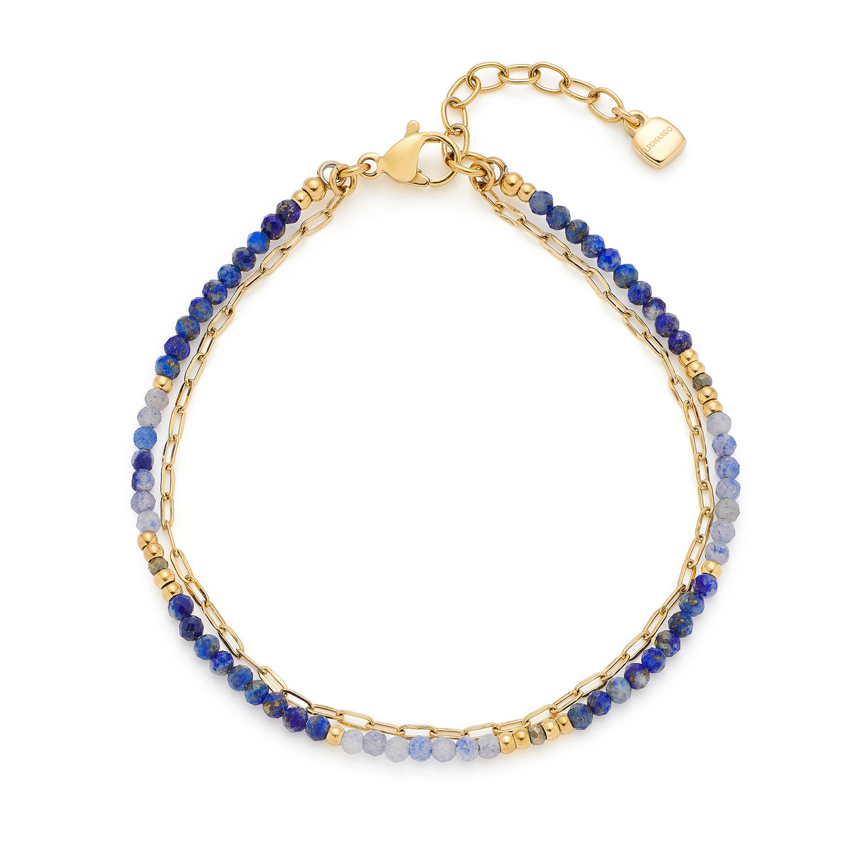 Armband ROSE gold CIAO mit blauen und grauweissen Steinen und goldfarbenen Kettengliedern