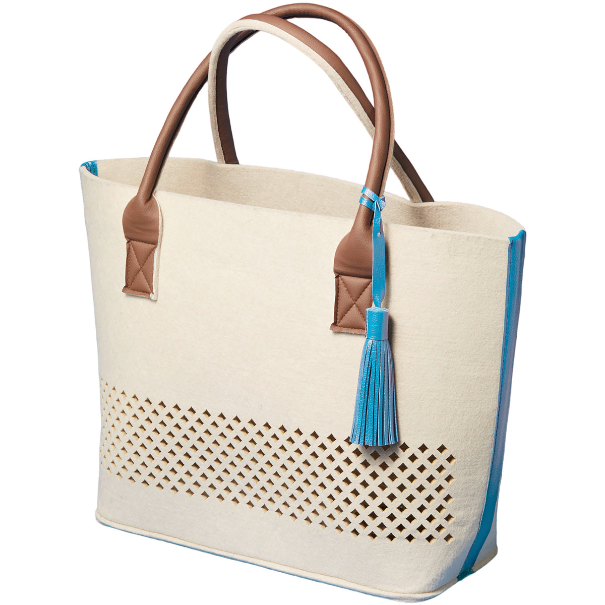 LEONARDO Beach Bag blau, Strandtasche beige mit braunen Henkeln und blauen Quasten