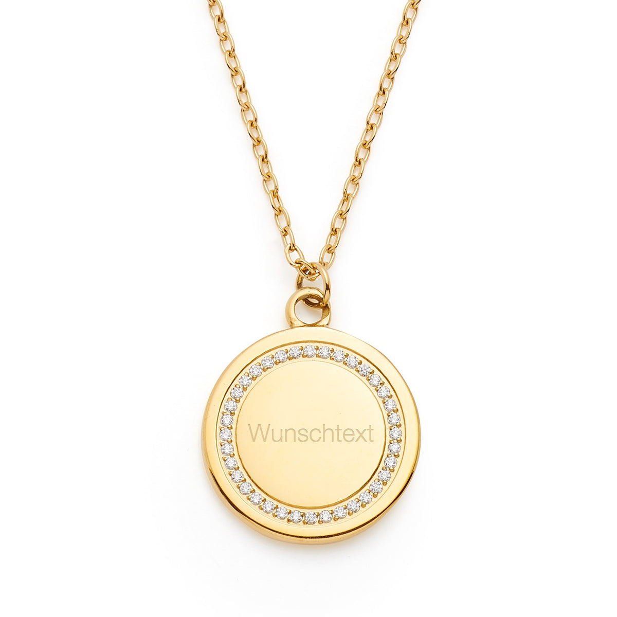 Halskette FERRARA gold mit rundem Anhänger, Gravur "Wunschtext" und Zirkonia-Rand