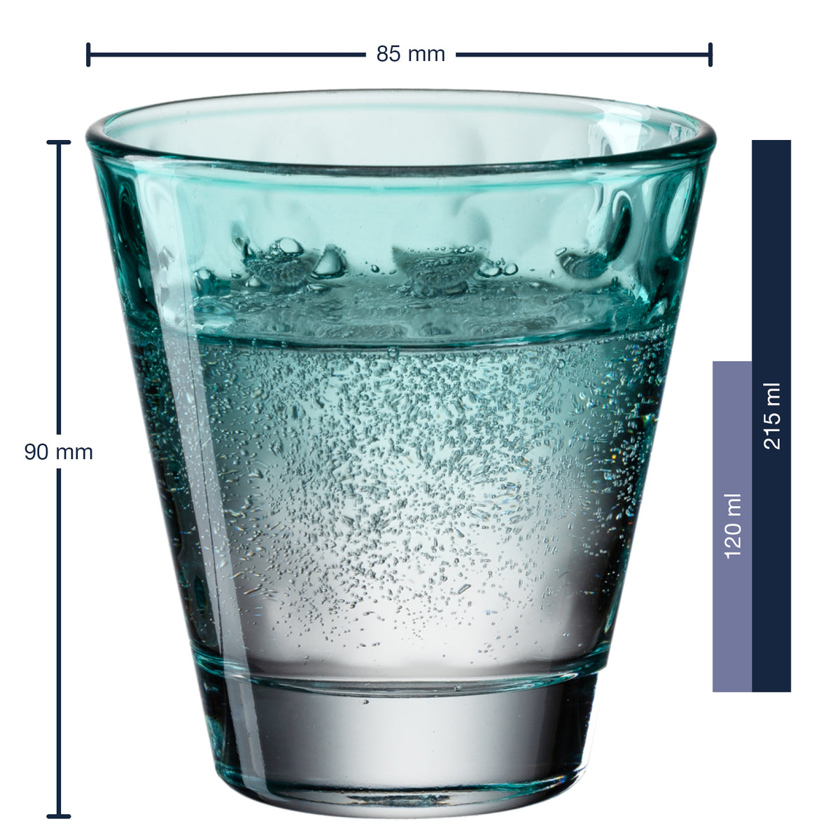 Massangaben zum Trinkglas OPTIC 215 ml mint mit Wasser gefüllt