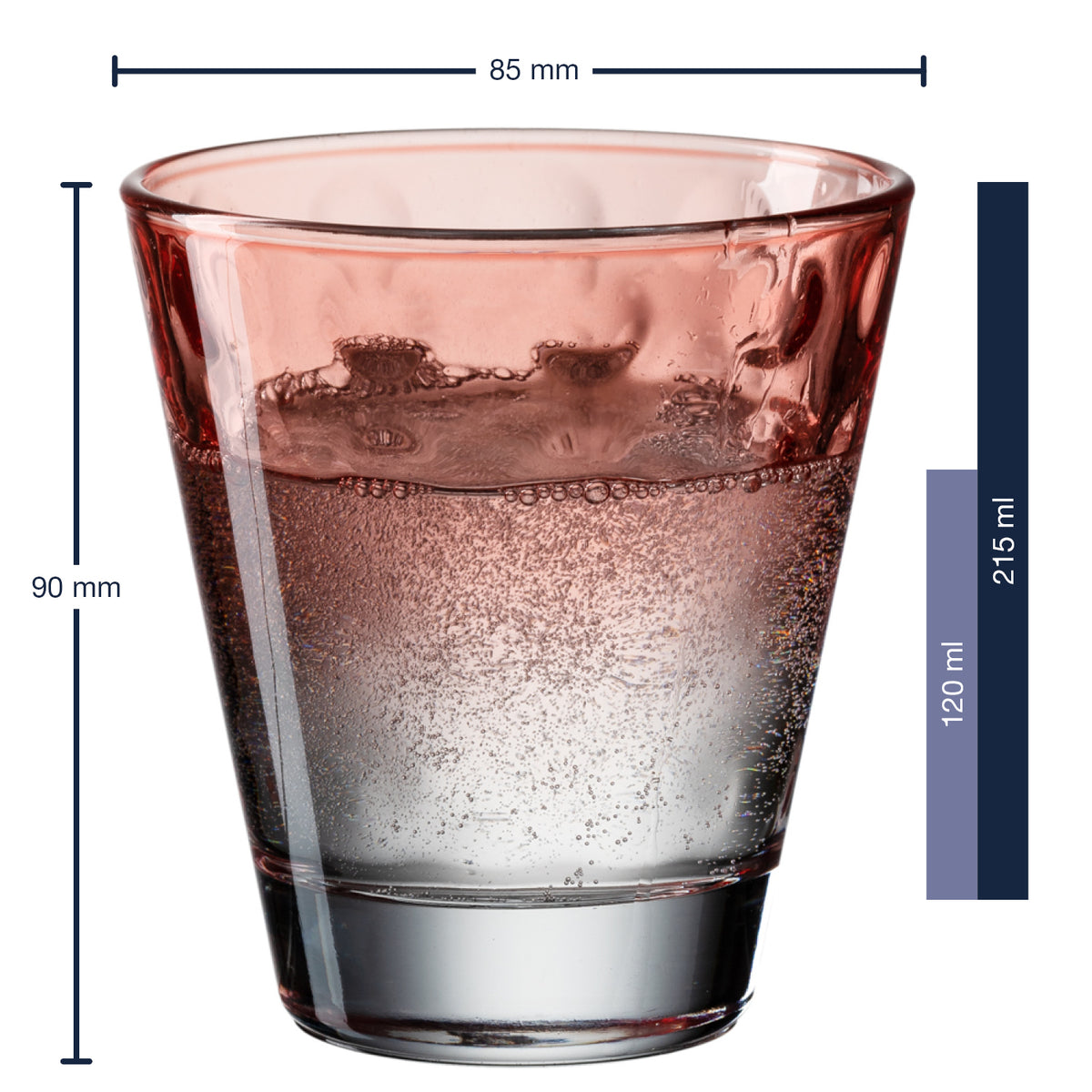 Massangaben zum Trinkglas OPTIC 215 ml rot mit Inhaltsskala