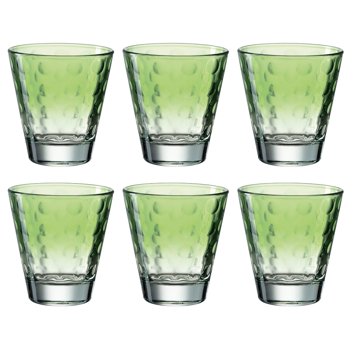 Sechs hellgrüne Trinkgläser OPTIC 215 ml in zwei Reihen angeordnet