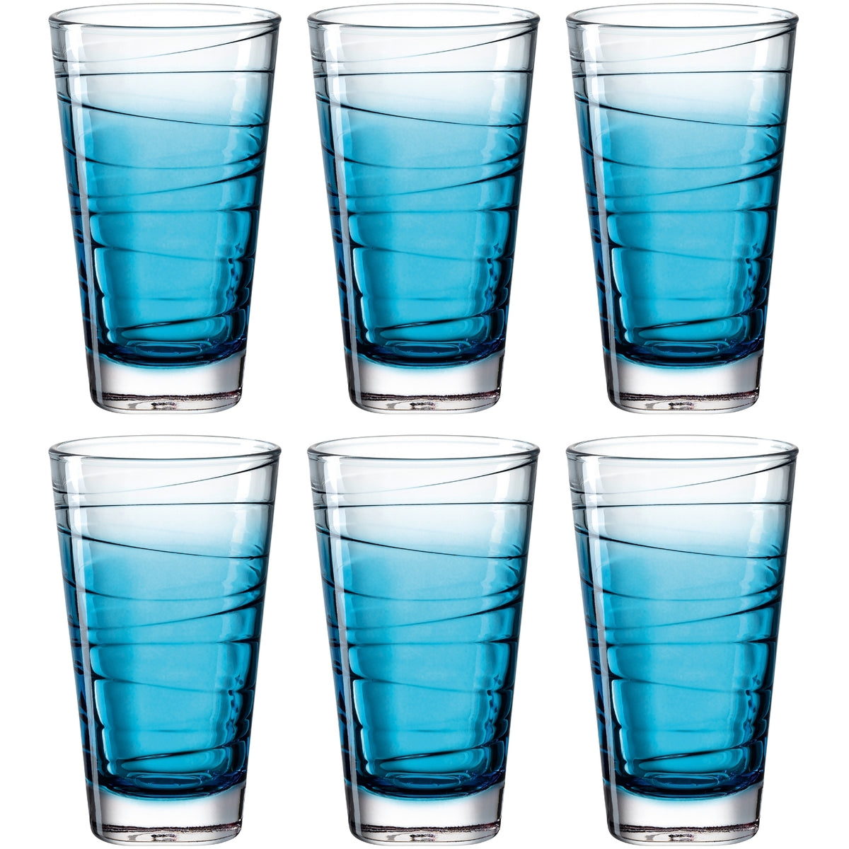 Sechs blaue Trinkgläser VARIO STRUTTURA mit strukturiertem Muster, gefüllt mit blauer Flüssigkeit