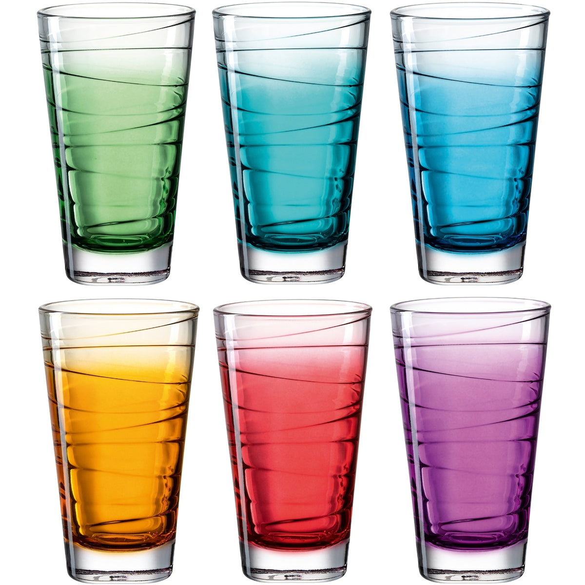 Sechs Trinkgläser VARIO STRUTTURA mit Farbverlauf in Grün, Türkis, Blau, Orange, Rot und Violett