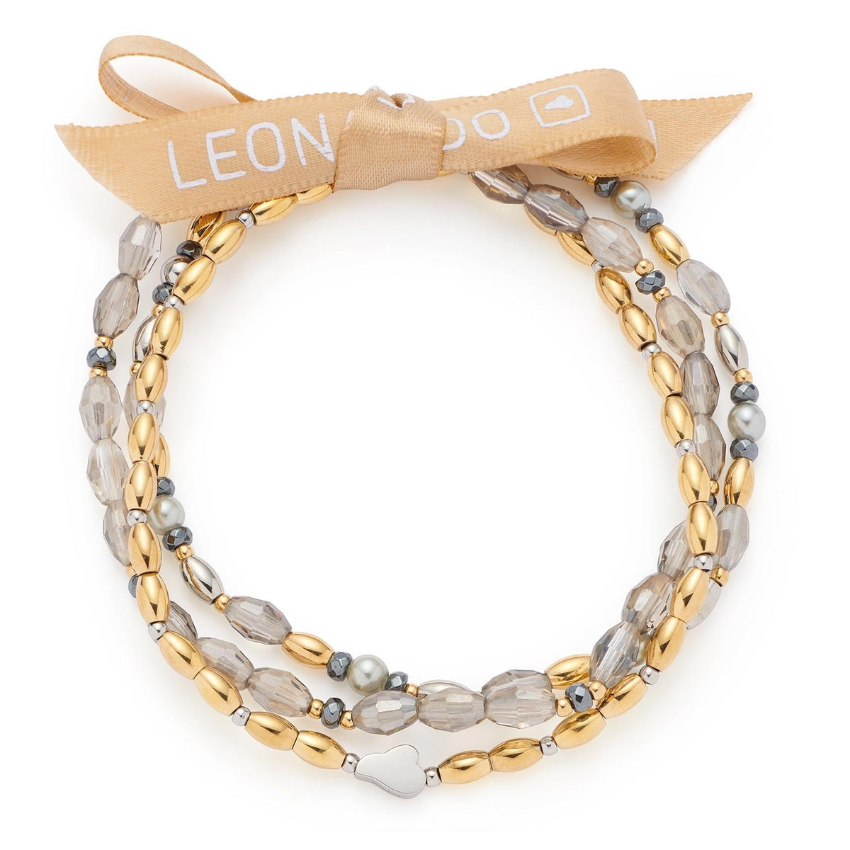 Armband AGNETA mit Glasperlensträngen in Gold und Grauton, beige Textilschleife mit Branding