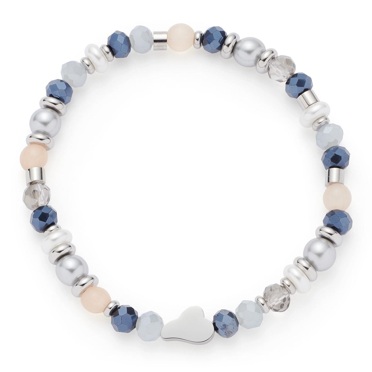 Armband BRITTA mit blauen, grauen und beigen Glasperlen sowie silbernen Elementen