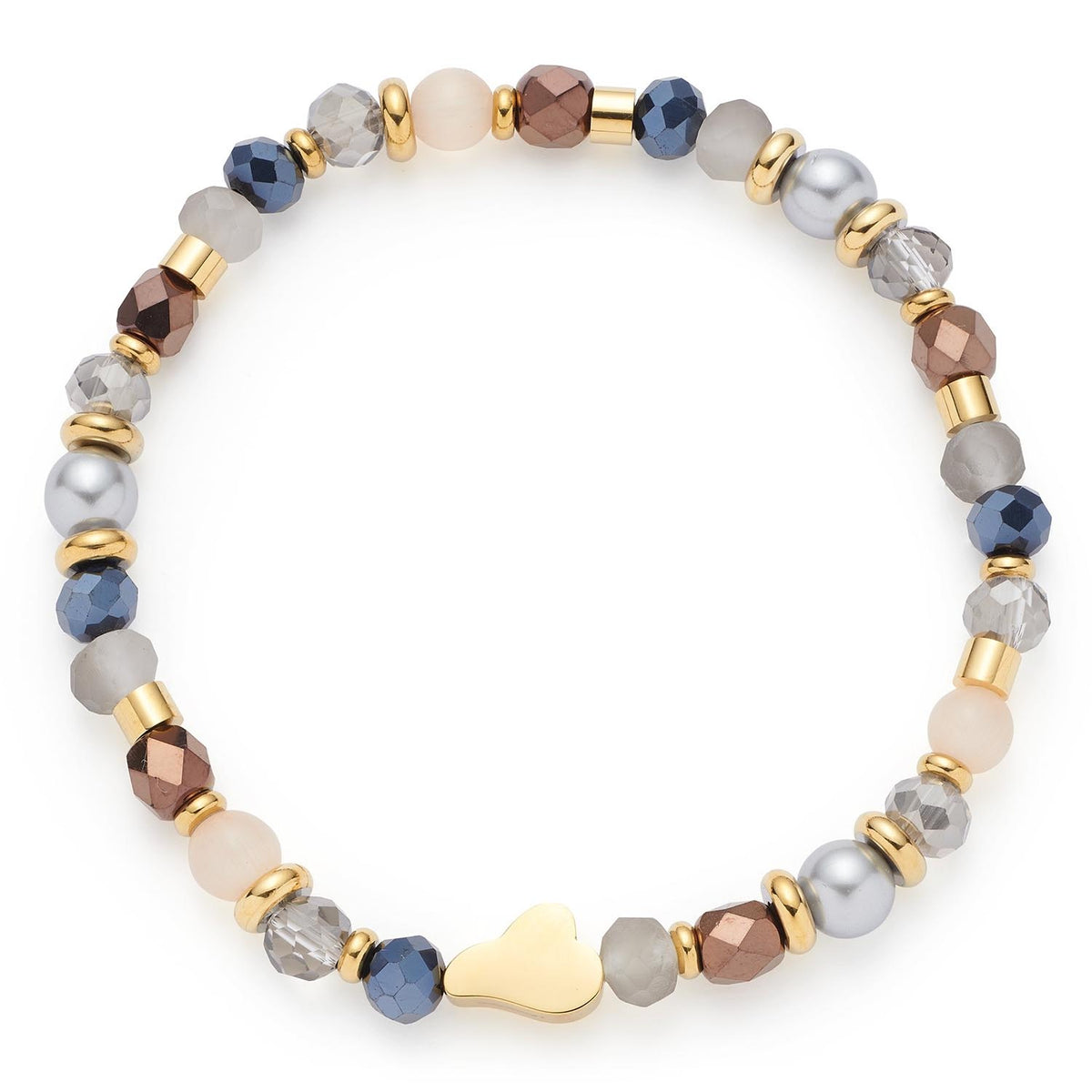 Armband SYLVIE mit Glasperlen in Grau, Creme, Braun und Dunkelblau, goldfarbene Metallzwischenstücke und herzförmige Schließe
