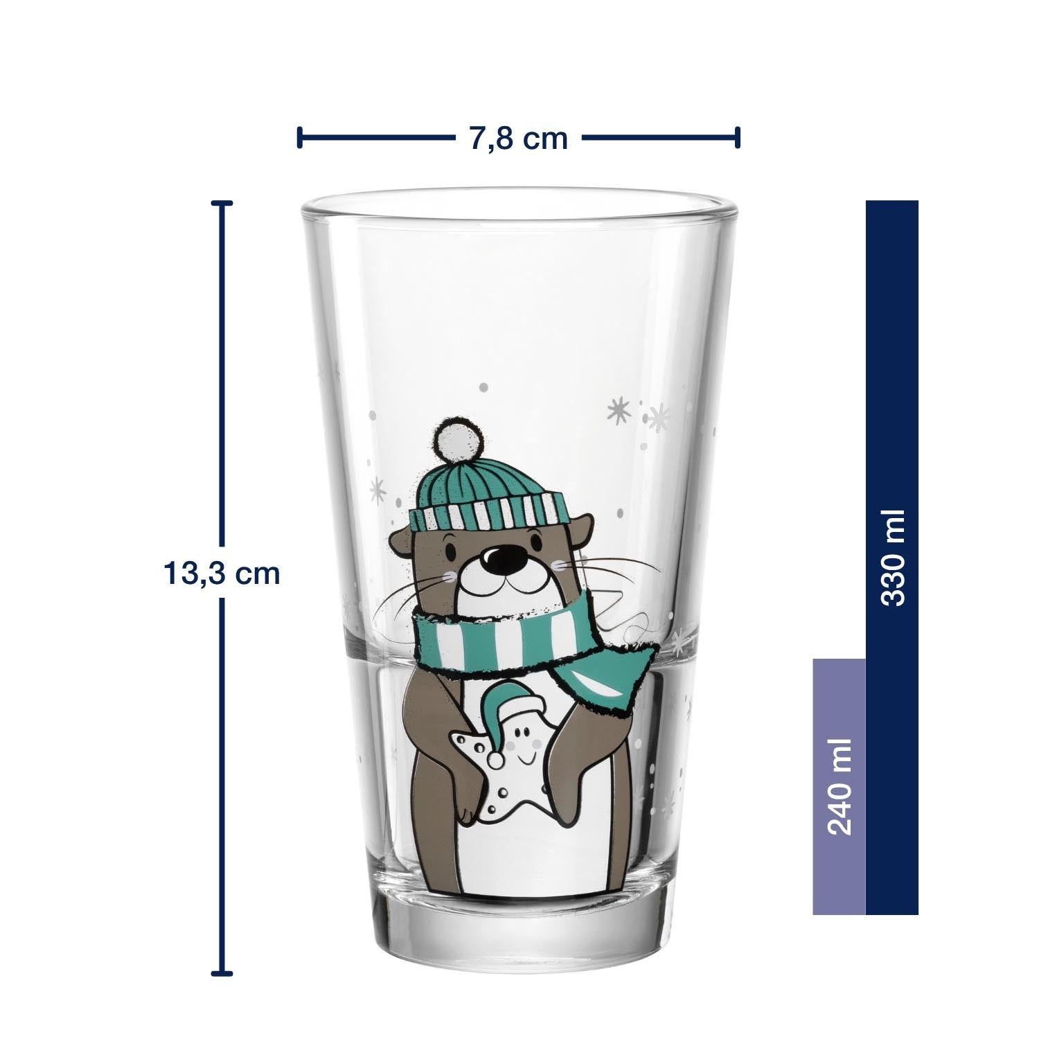 Trinkglas RIPOSO 330 ml Otter mit Massangaben, Otter trägt Mütze und Schal