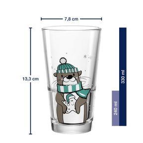 Trinkglas RIPOSO 330 ml Otter mit Massangaben, Otter trägt Mütze und Schal