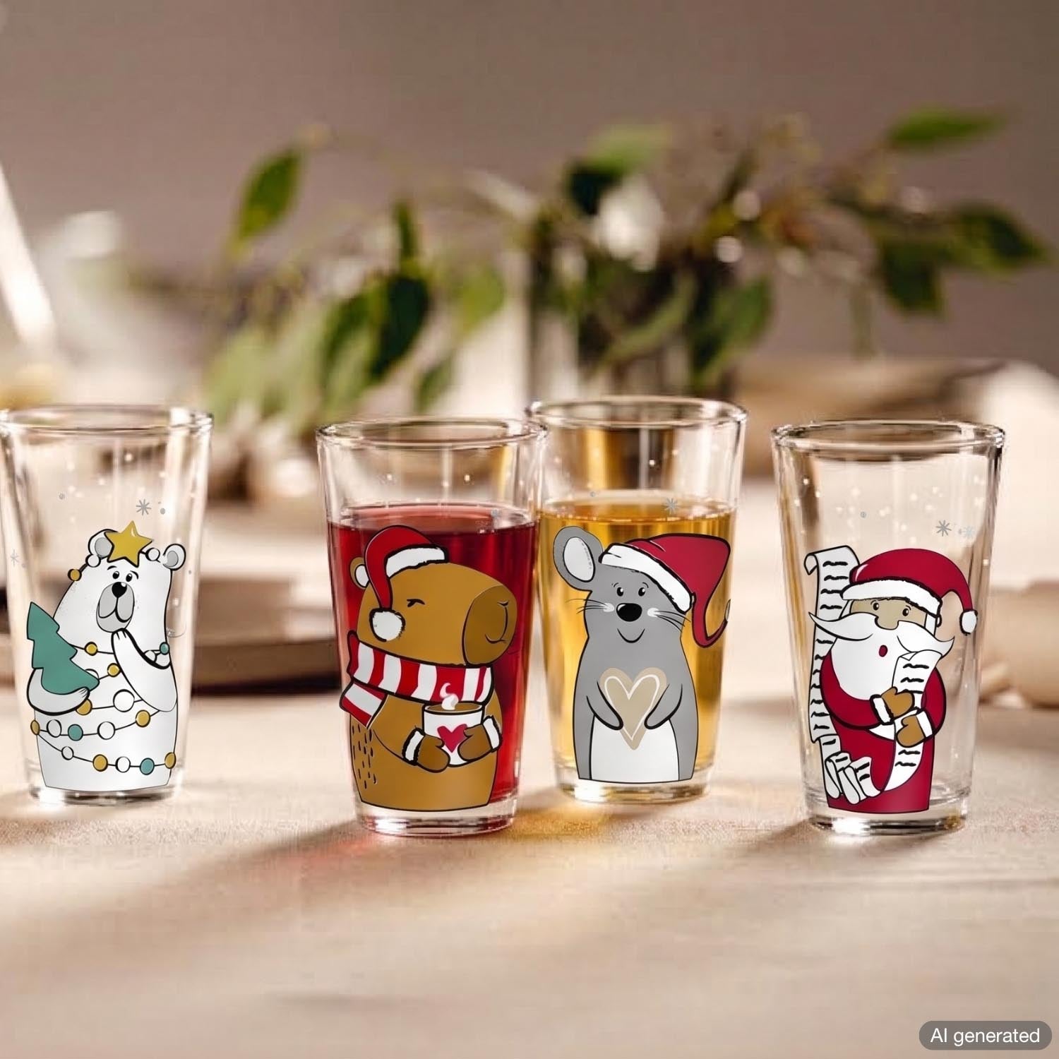 Vier Trinkgläser mit weihnachtlichen Motiven auf hellem Untergrund, Pflanzen im Hintergrund