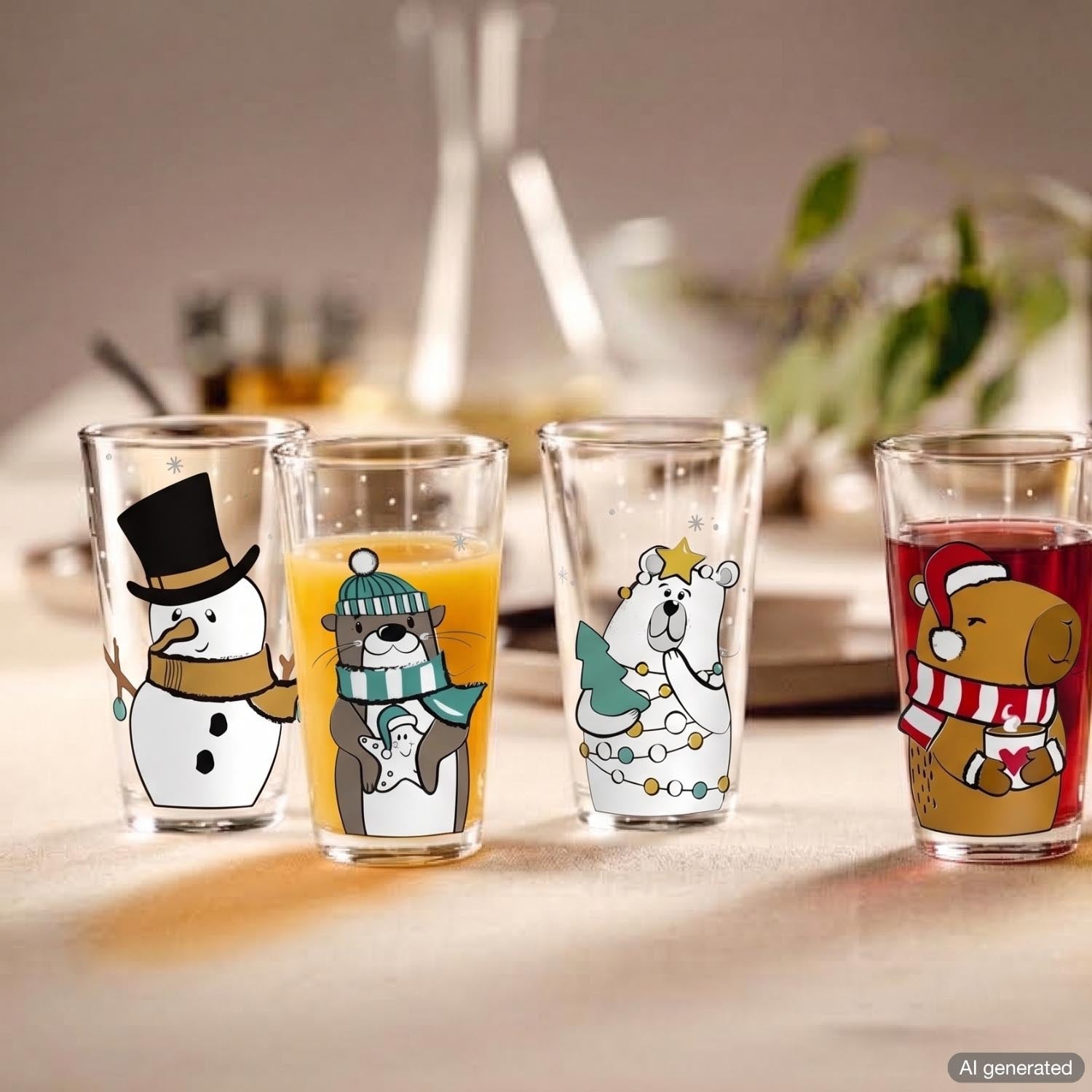 Vier Trinkgläser mit Weihnachtsmotiven auf Tisch, Schneemann, Pinguin, Eisbär, Rentier