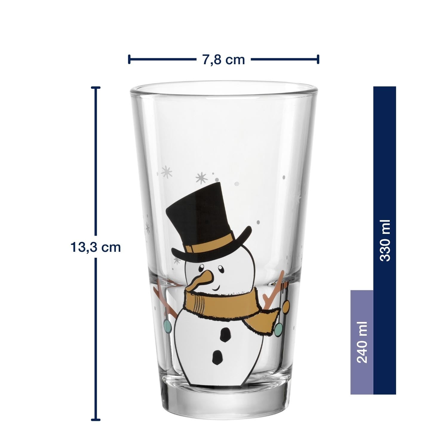 Trinkglas RIPOSO 330 ml Schneemann mit Massangaben und Fassungsvermögen