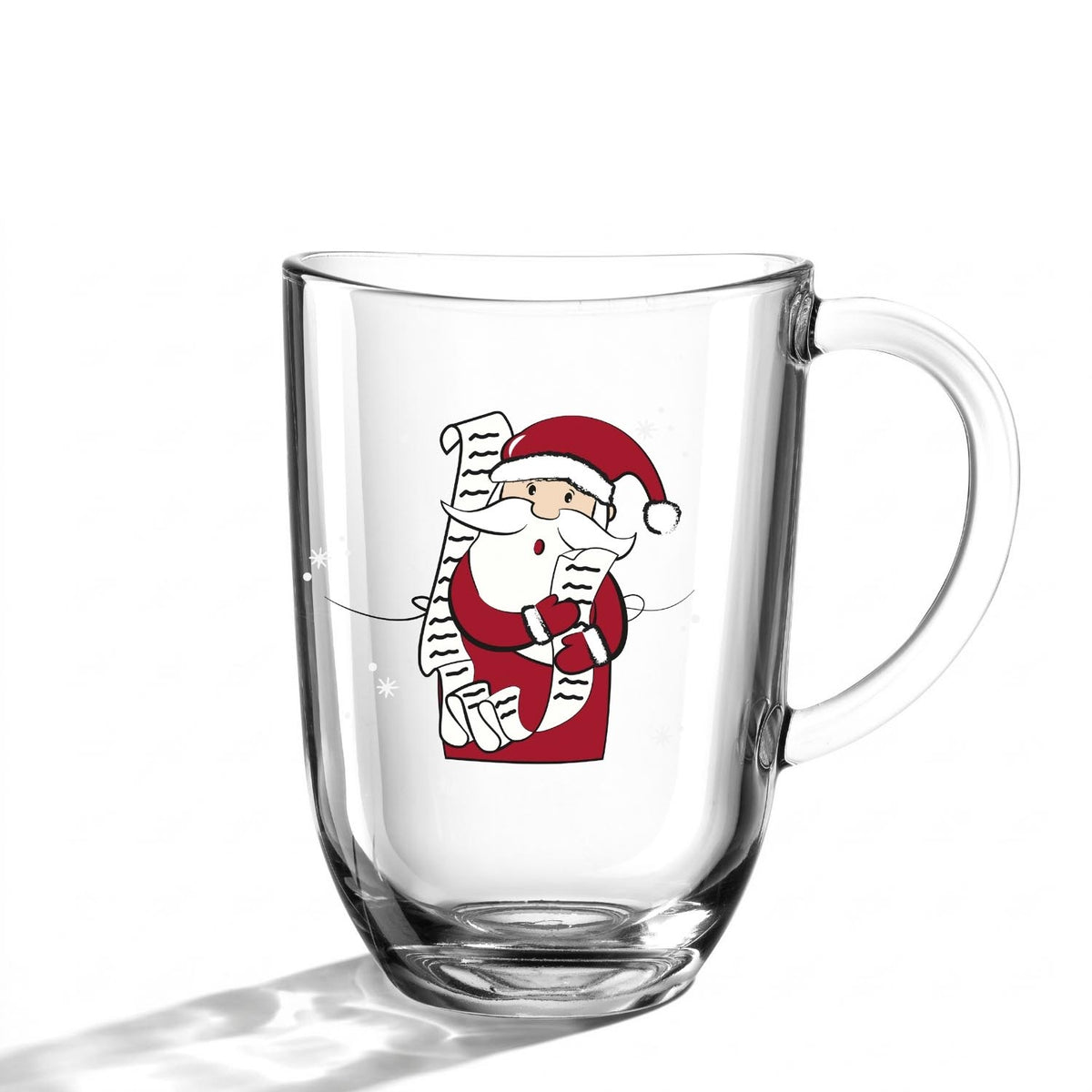 Tasse RIPOSO mit Weihnachtsmann-Motiv, hält Liste, vor weißem Hintergrund