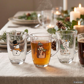 Festlich gedeckter Tisch mit Glastassen mit Weihnachtsmotiven, eine Tasse mit Otter-Design gefüllt
