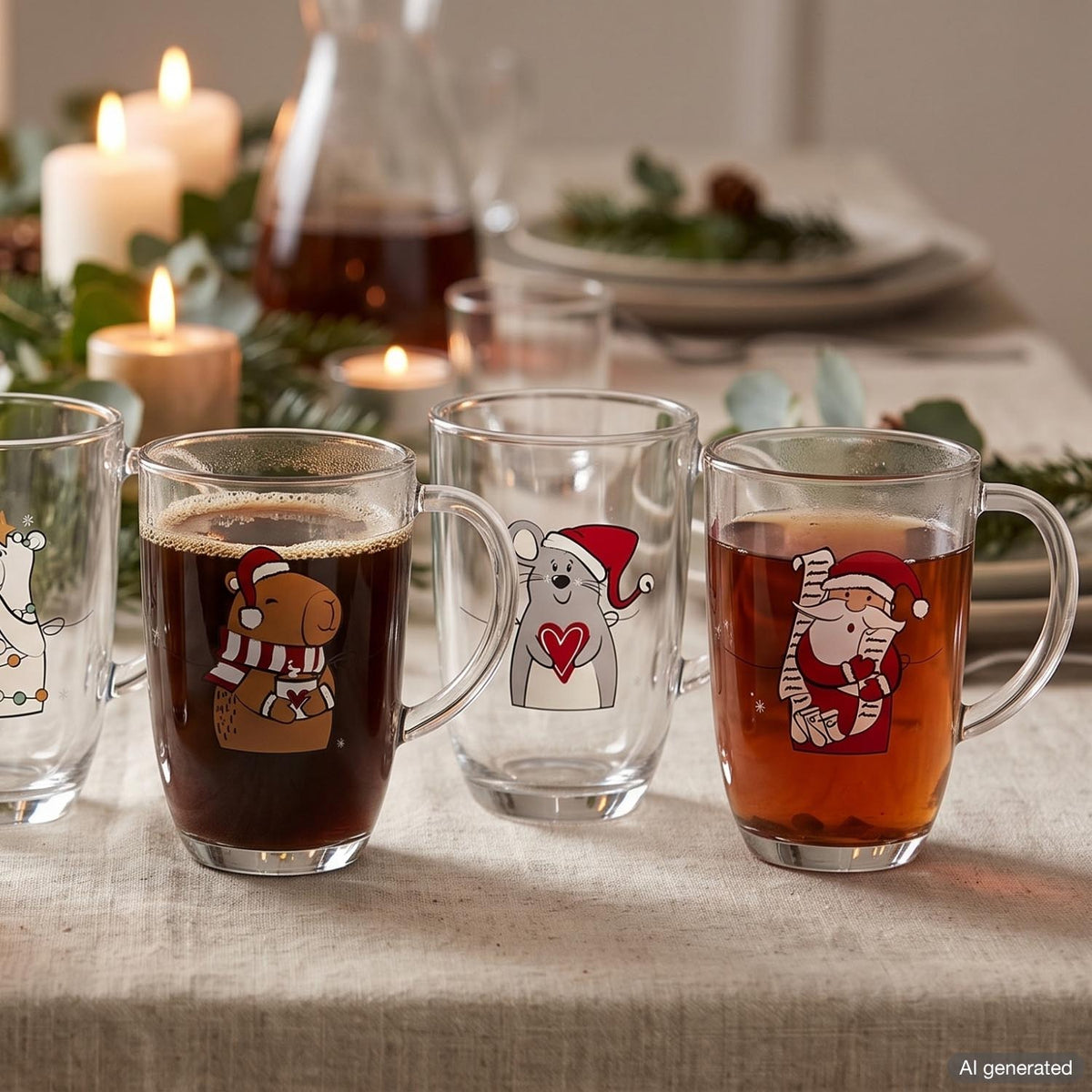 Tasse RIPOSO mit Weihnachtsmotiven auf festlich gedecktem Tisch mit Kerzen