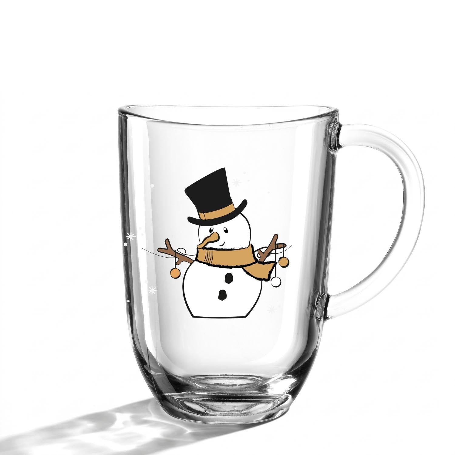 Tasse RIPOSO mit Schneemann-Motiv in Schwarz, Orange und Weiß vor weißem Hintergrund