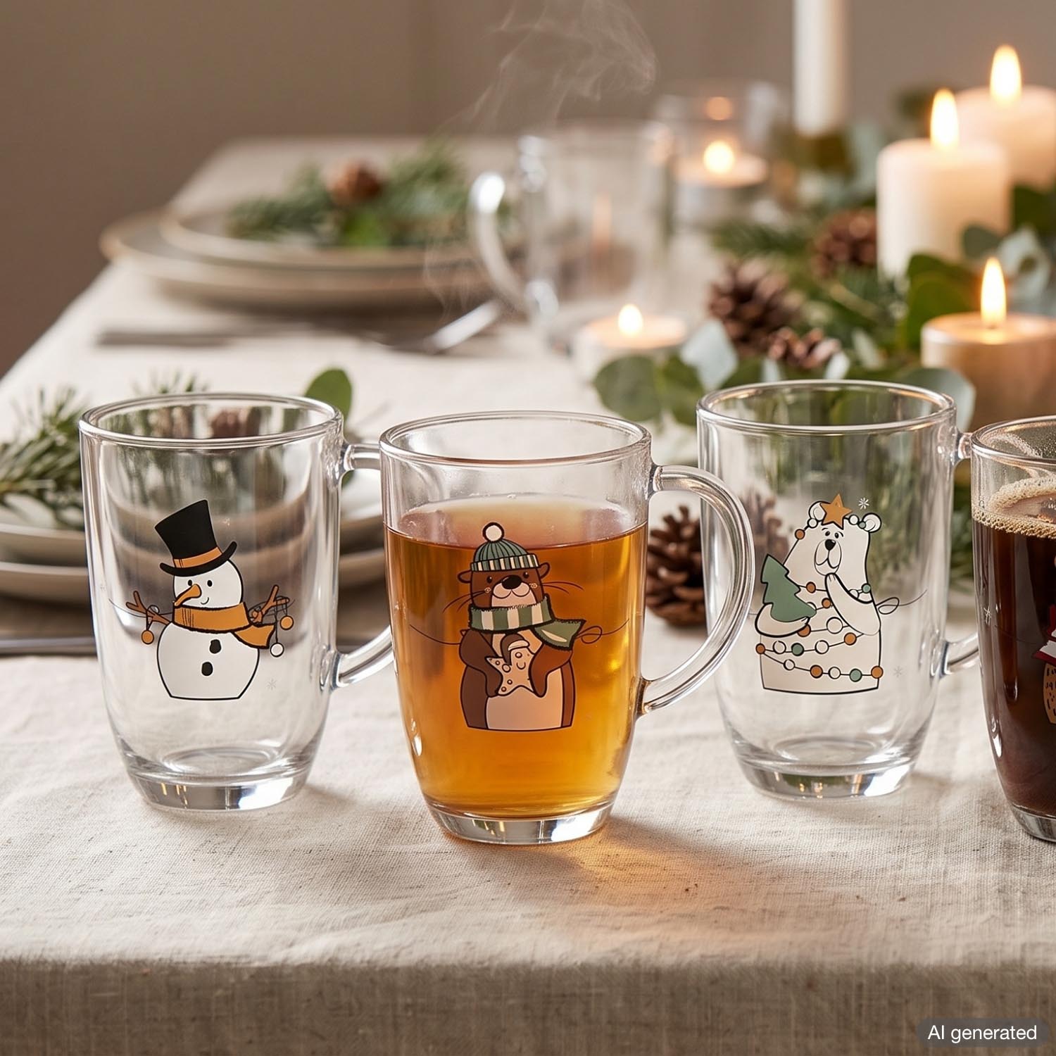 Tasse RIPOSO mit Schneemann-Motiv auf festlich gedecktem Tisch mit Dekoration