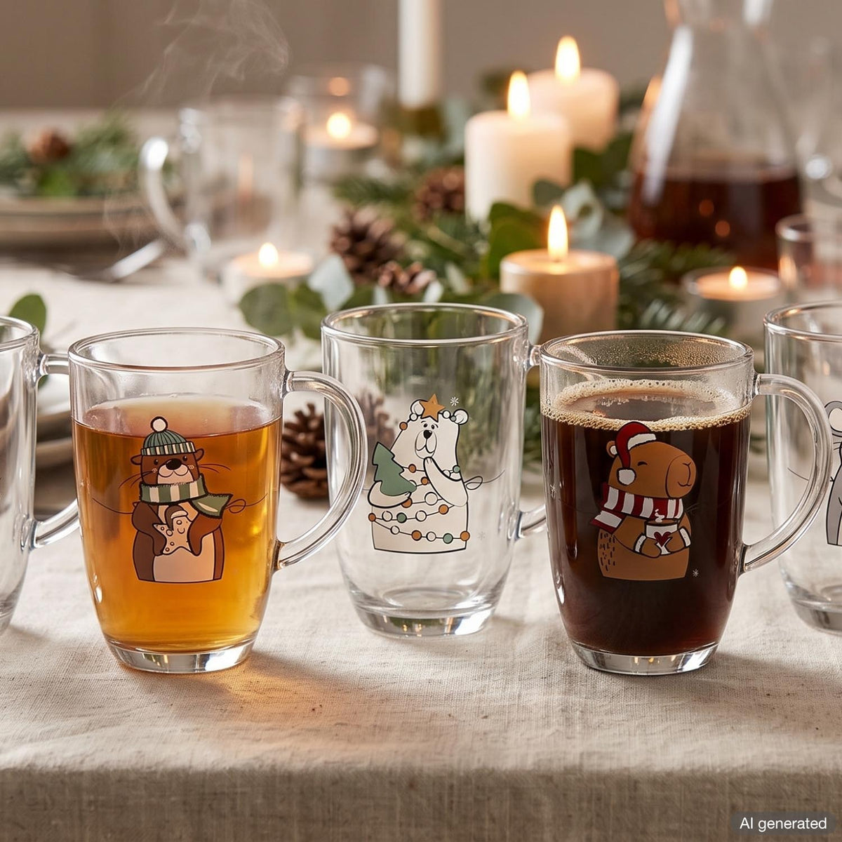 Weihnachtlich gedeckter Tisch mit Tassen, Eisbär-Motiv auf Glastasse, Getränke