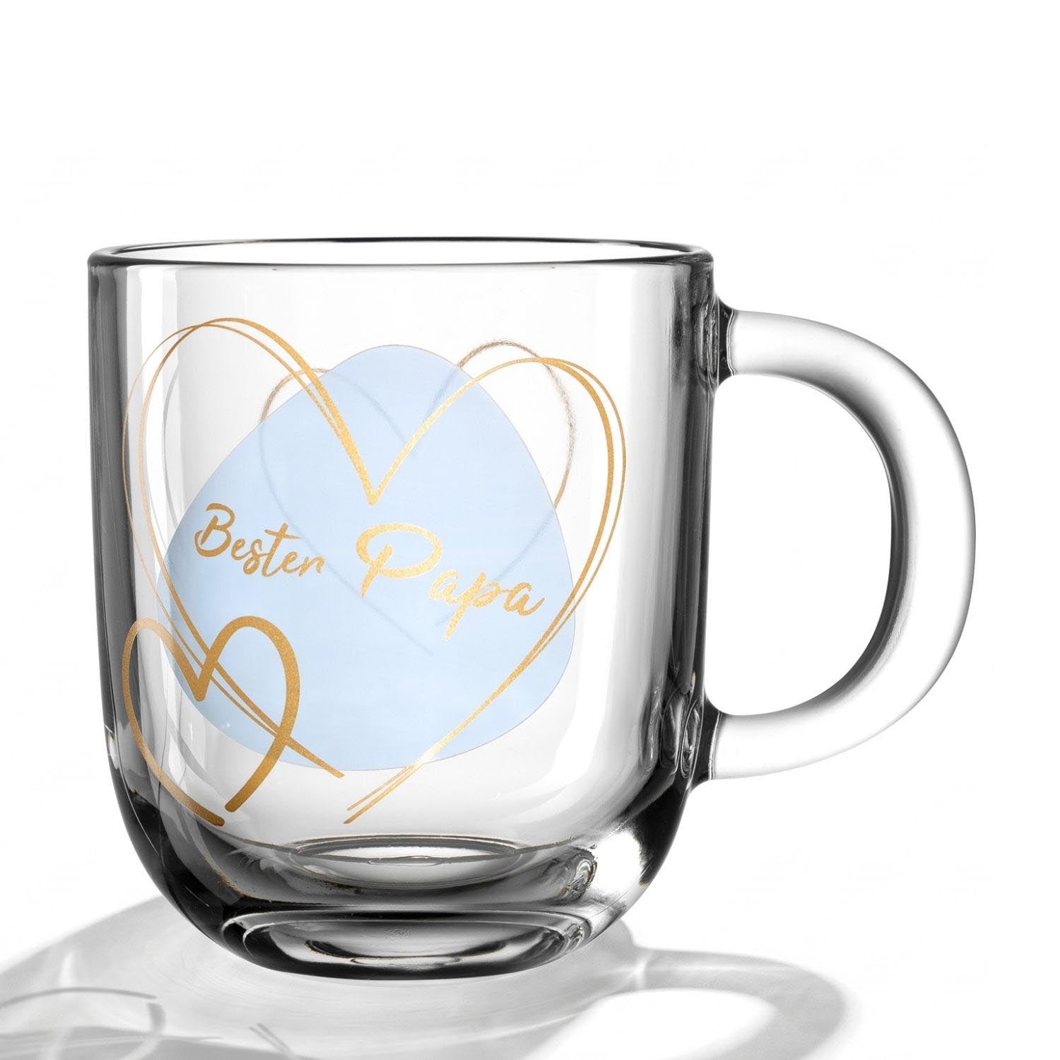 Glastasse mit blauem Herz und goldener Aufschrift "Bester Papa"