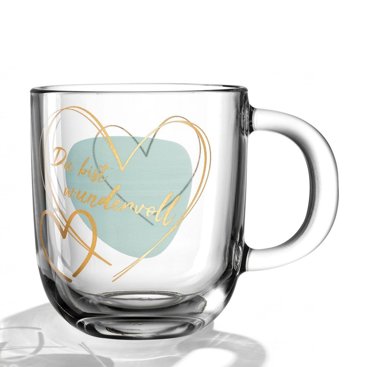 Glastasse EMOZIONE mit türkisem Herz und goldenem Text, Detailansicht der Gravur