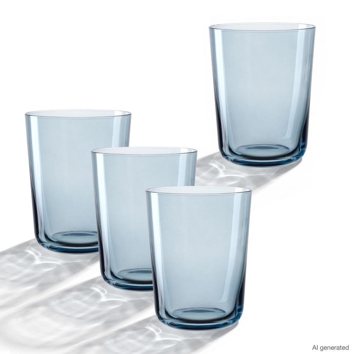 Vier blaue Trinkgläser LEGGERO 330 ml Gondola in 4er-Set, unterschiedliche Größen, auf weißer Oberfläche mit Schatten