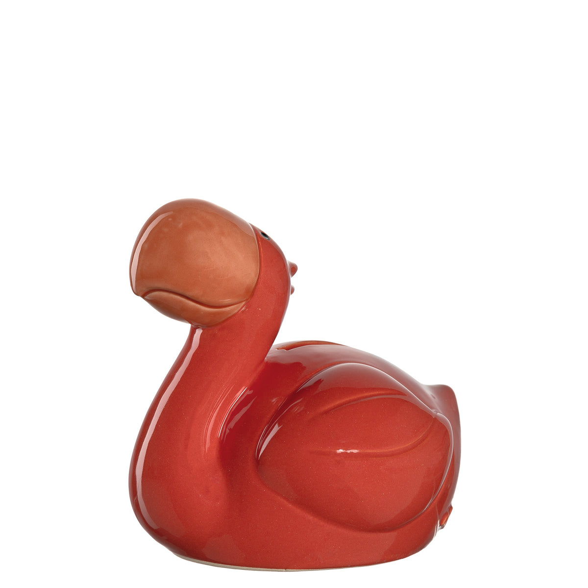 Rote Keramik-Spardose BAMBINI Flamingo mit braunem Kopf, Seitenansicht