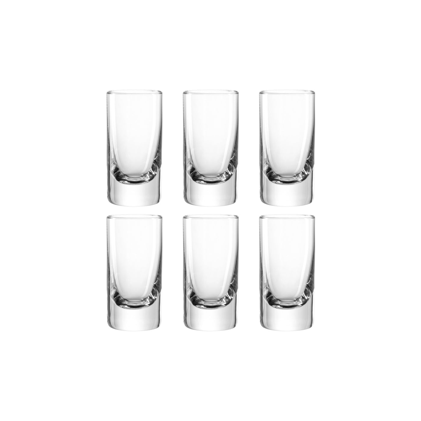 Sechs klare Gläser Stamper EASY+ 50 ml im 6er-Set arrangiert