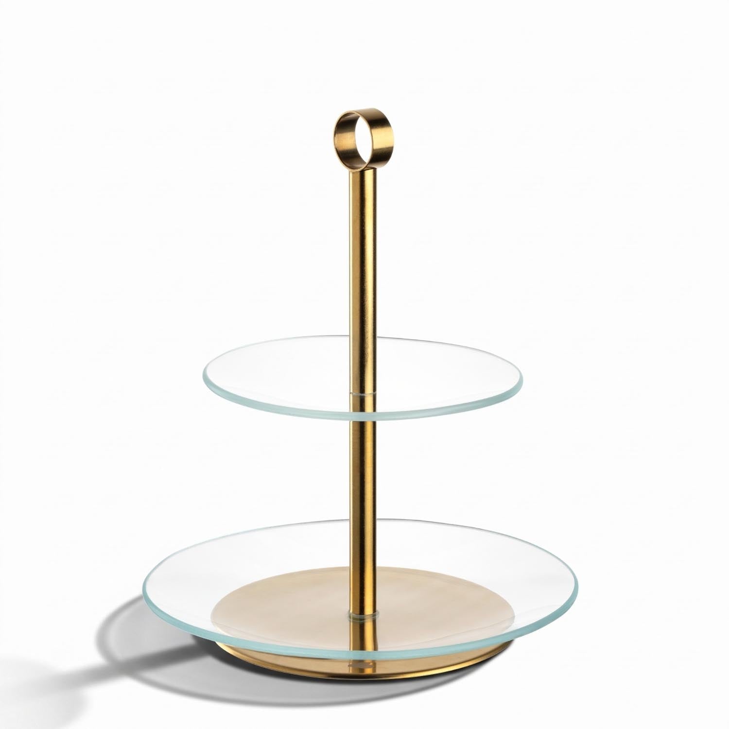 Etagere CENA gold 2-teilig mit Glastablaren und goldenem Ständer vor weißem Hintergrund