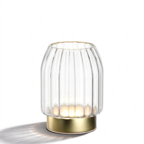 LED Vase RIPOSO mit Glasrippenstruktur und goldenem Sockel, beleuchtet