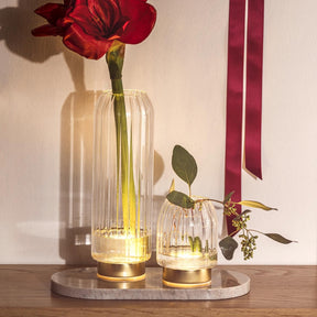LED Vase RIPOSO mit roter Blume auf Holzablage neben Deko-Elementen