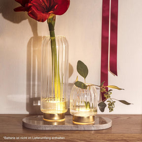 LED Vase RIPOSO mit roter Blume und grünem Stiel auf Holztisch, beleuchtet