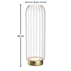 LED Vase RIPOSO mit Massangaben, geripptes Glasdesign und Messingfuss