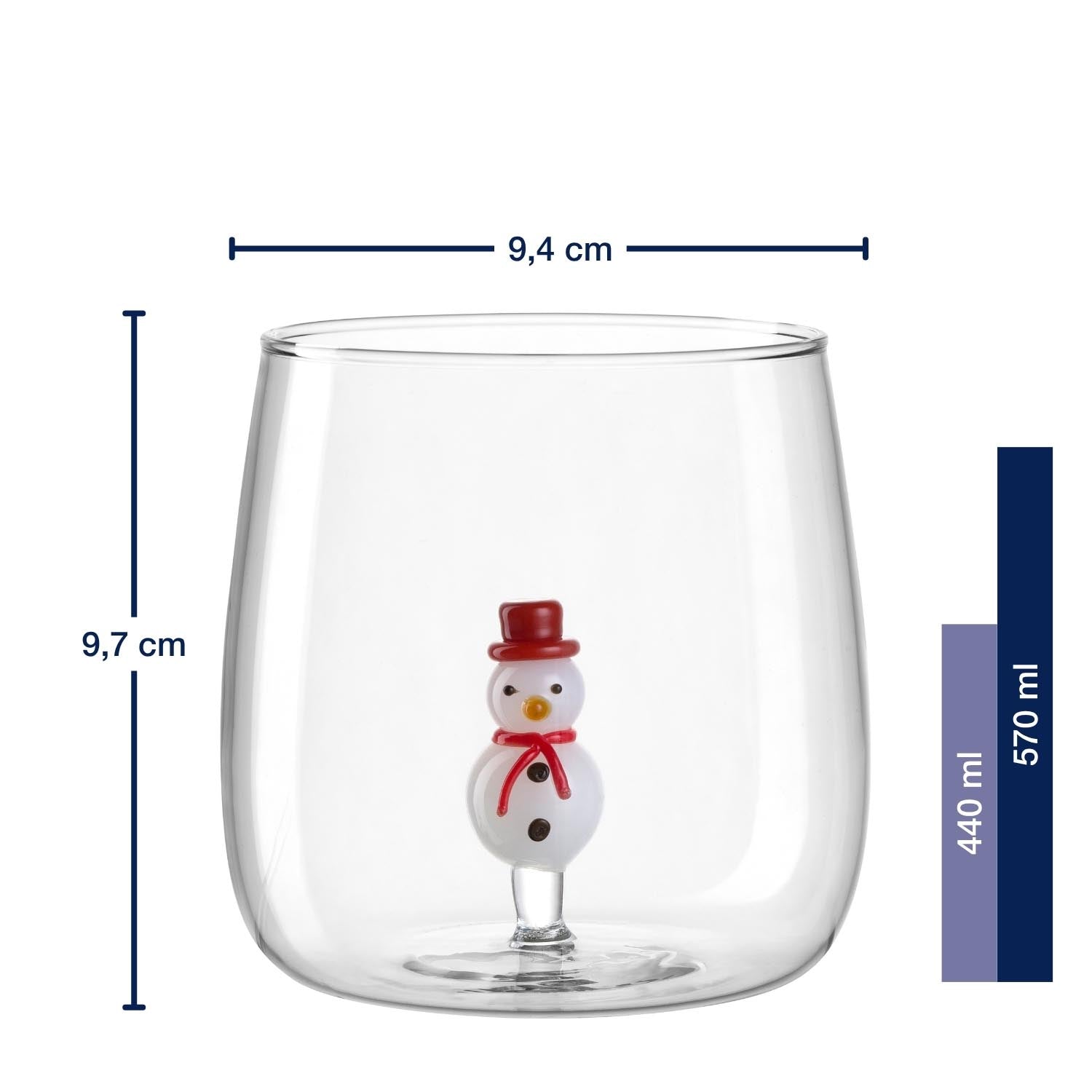 Trinkglas RIPOSO 570 ml Schneemann mit Massangaben und Fassungsvermögen