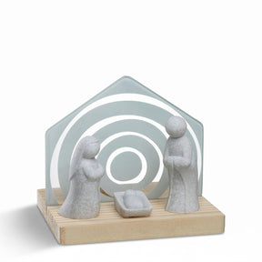 Weihnachtskrippe SILENZIO mit Glaskuppel und Holzbase, Figuren aus Glas