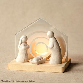 Weihnachtskrippe SILENZIO mit Glaskuppel, drei Figuren, Holzsockel, warm beleuchtete Kulisse