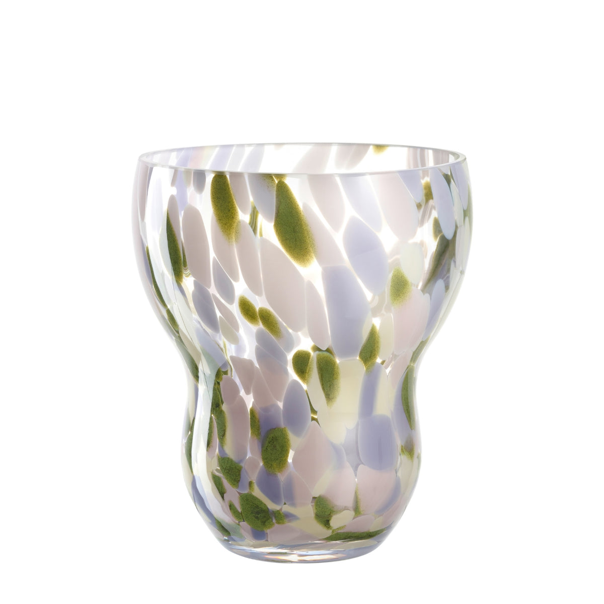 Vase VIVACE mit grünen und blauen Blattmotiven auf klarem Glas