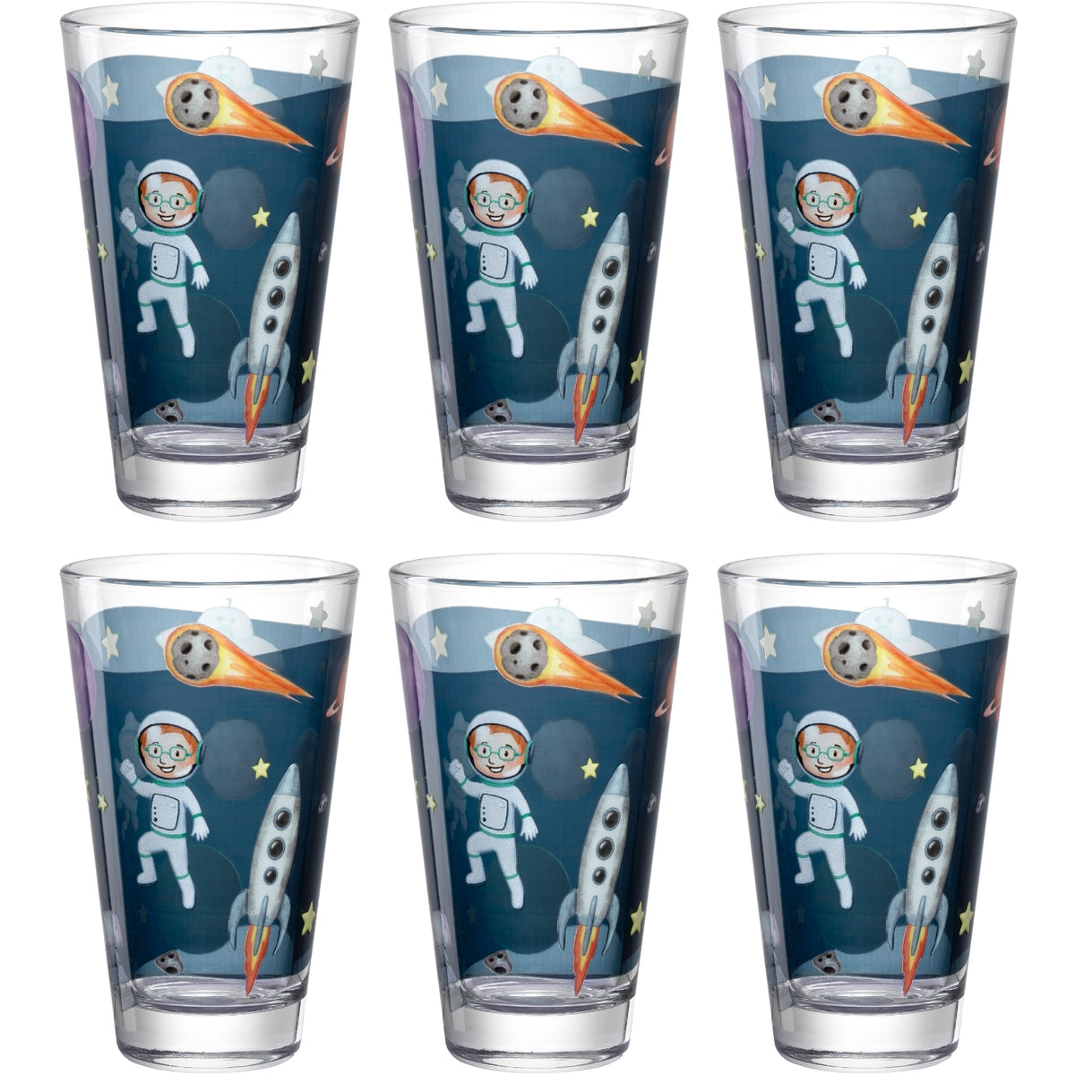 Sechs Trinkgläser mit Weltall-Motiven, Astronaut und Rakete