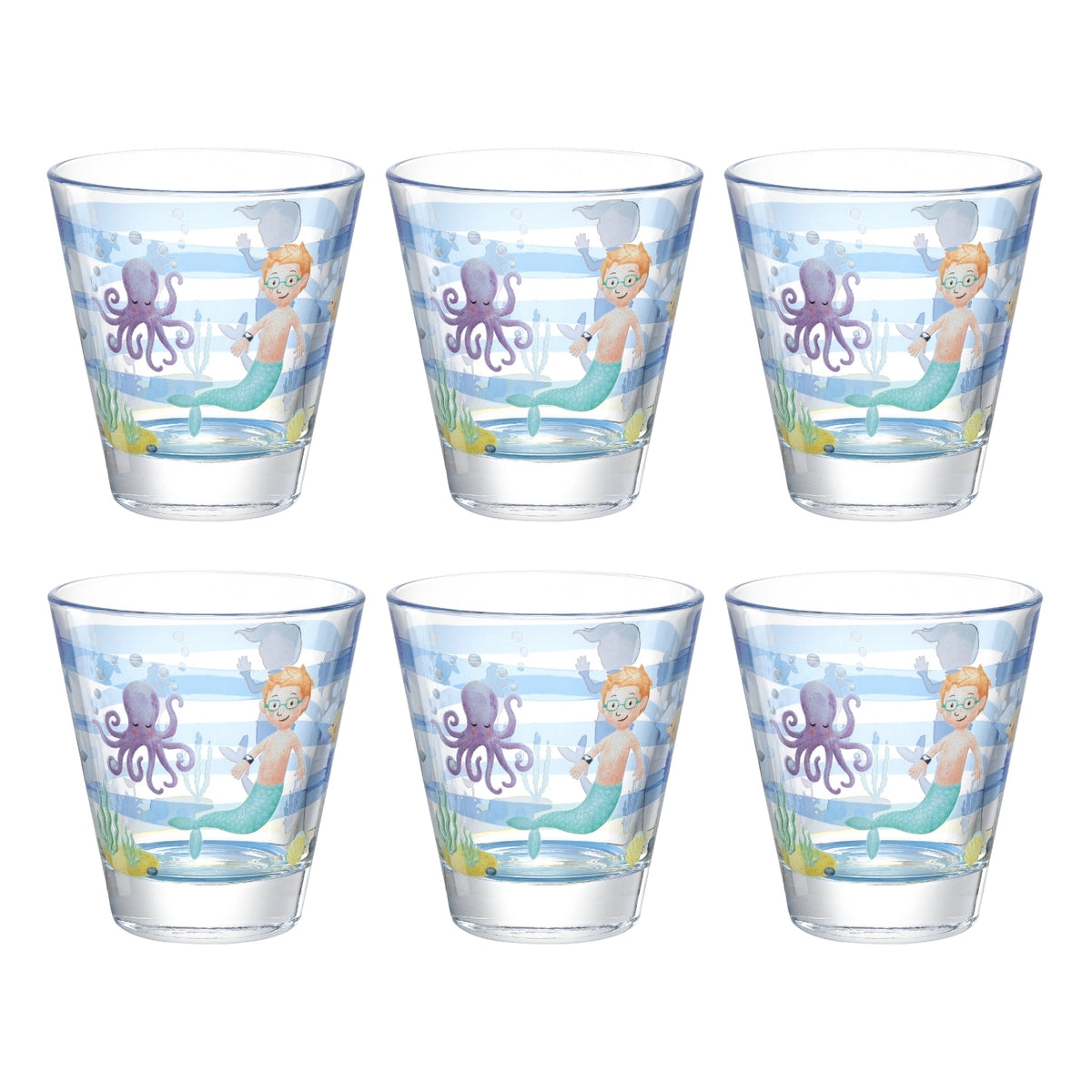 Sechs Trinkgläser BAMBINI AVVENTURA mit Unterwassermotiven, Oktopus und Seepferdchen