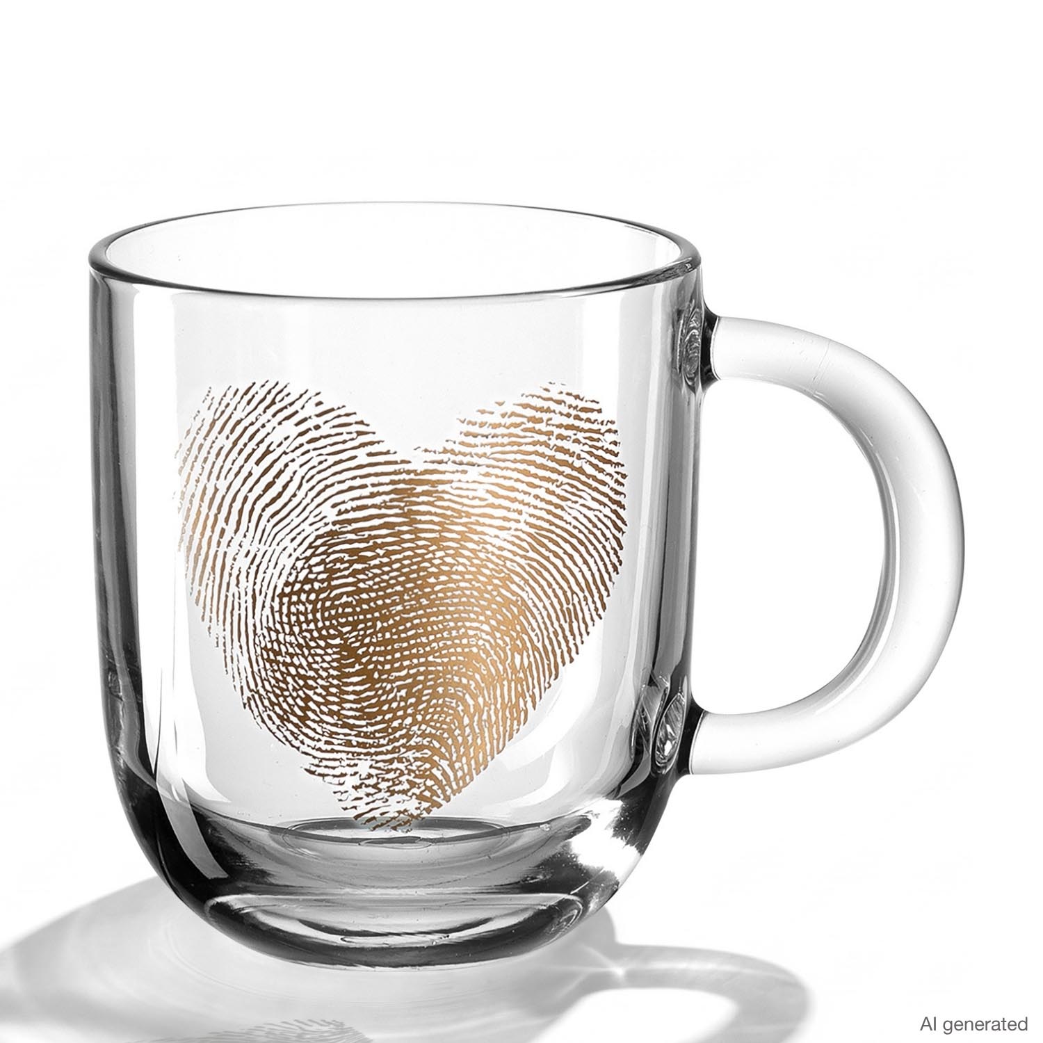 Glastasse EMOZIONE mit goldenem Fingerabdruck-Herzmotiv, Frontansicht