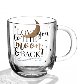 Glastasse mit Schriftzug "Love you to the moon and back" und Mondsymbol, weißer Henkel