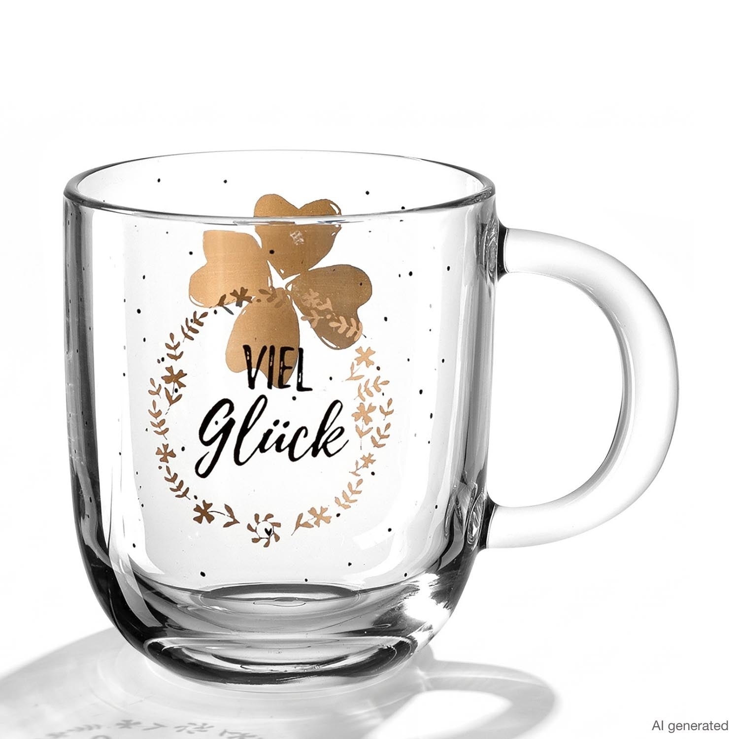 Glastasse EMOZIONE mit Kleeblatt-Motiv und Schriftzug "Viel Glück