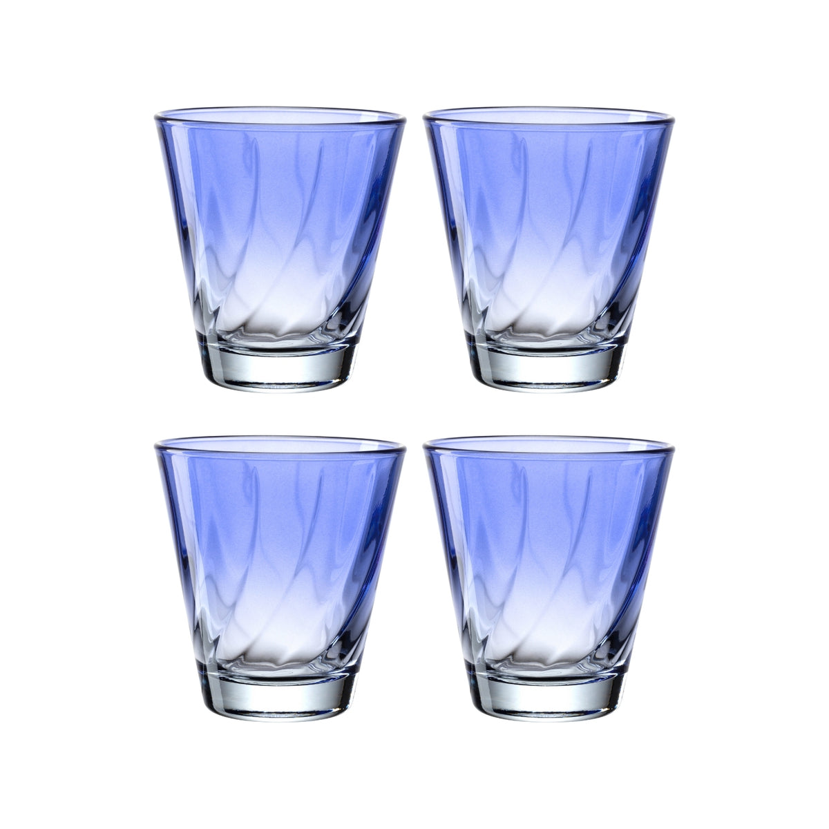 Vier blaue Trinkgläser TWIST 215 ml im 4er-Set, angeordnet in zwei Reihen