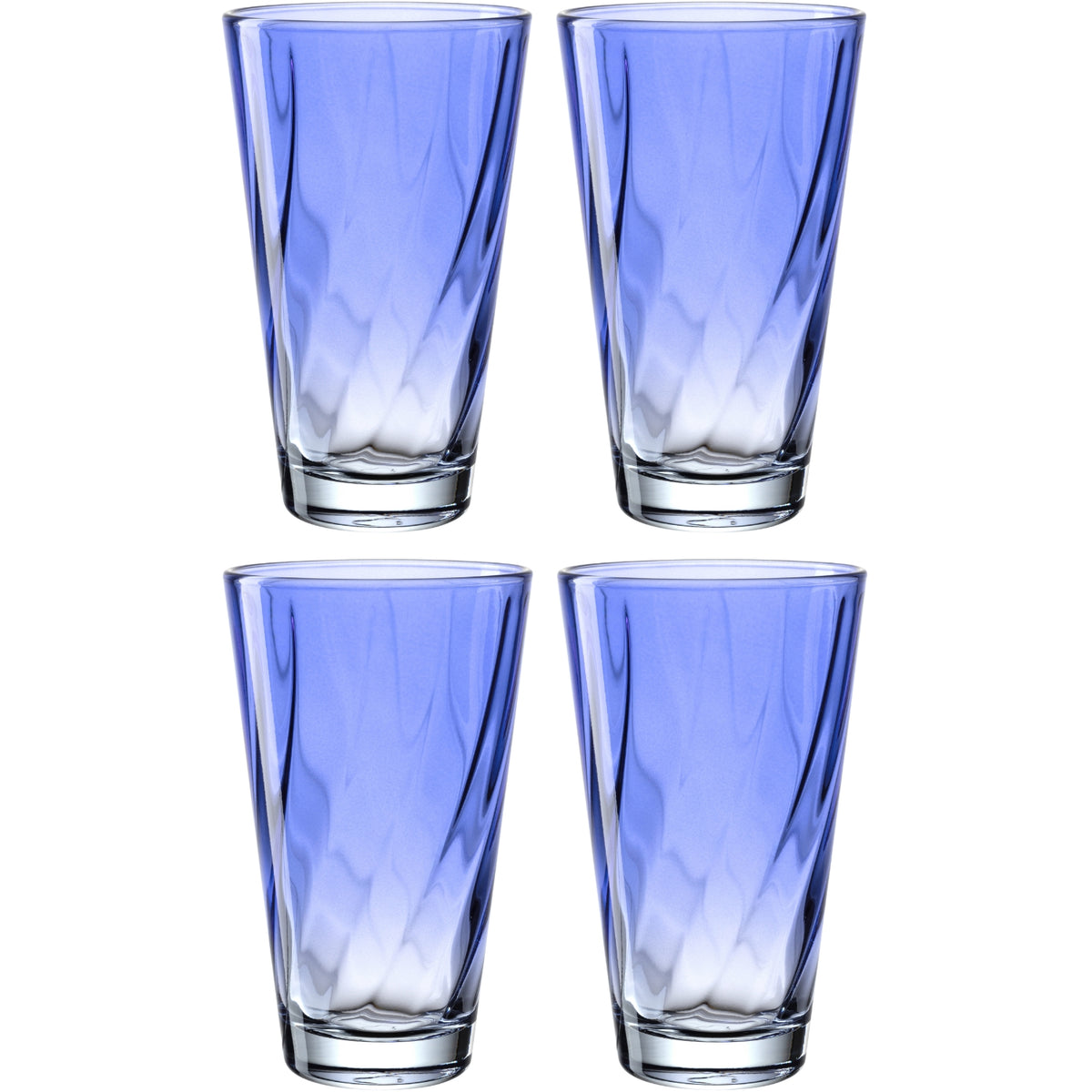 Vier blaue Trinkgläser TWIST 300 ml im 4er-Set, Draufsicht auf weißem Hintergrund