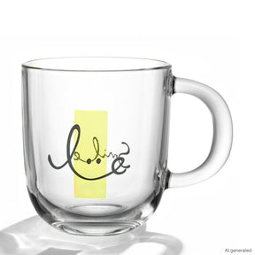 Glastasse EMOZIONE 400 ml mit gelbem Rechteck und schwarzer Liniengravur eines lächelnden Gesichts