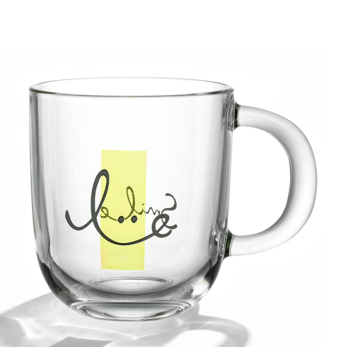 Tasse EMOZIONE 400 ml mit gelbem Rechteck und schwarzer Smile-Gesichtsgravur